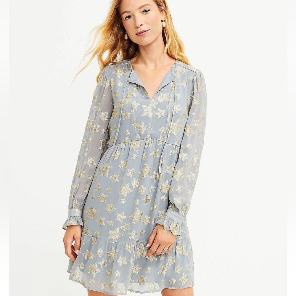 LOFT Tiered Mini Dress Shimmer‎ Star Grey/Gold/Silver Women’s Medium NWT